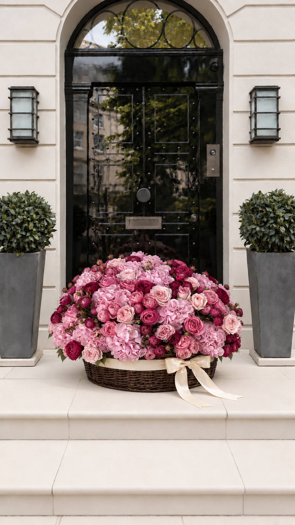 Pink hydrangeas and roses in a basket on a doorstep