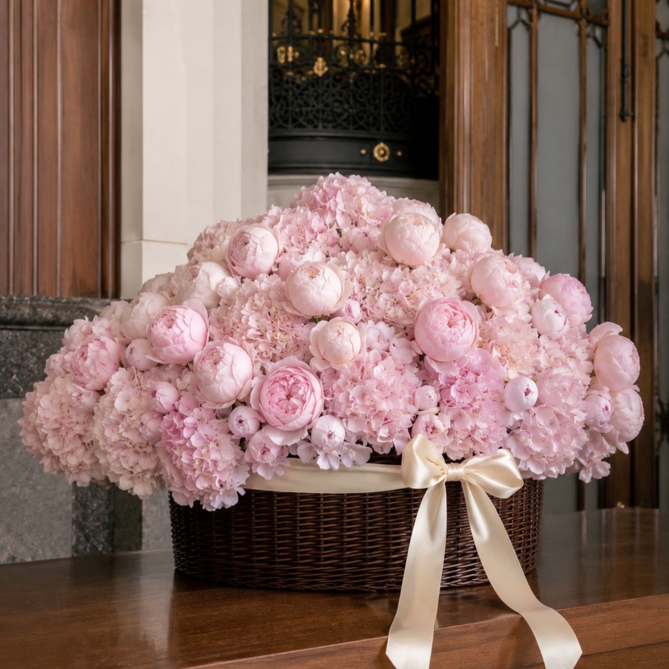 Pink peonies and hydrangeas in a woven basket