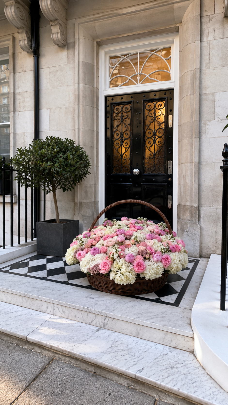 White hydrangeas and spray roses in a woven basket