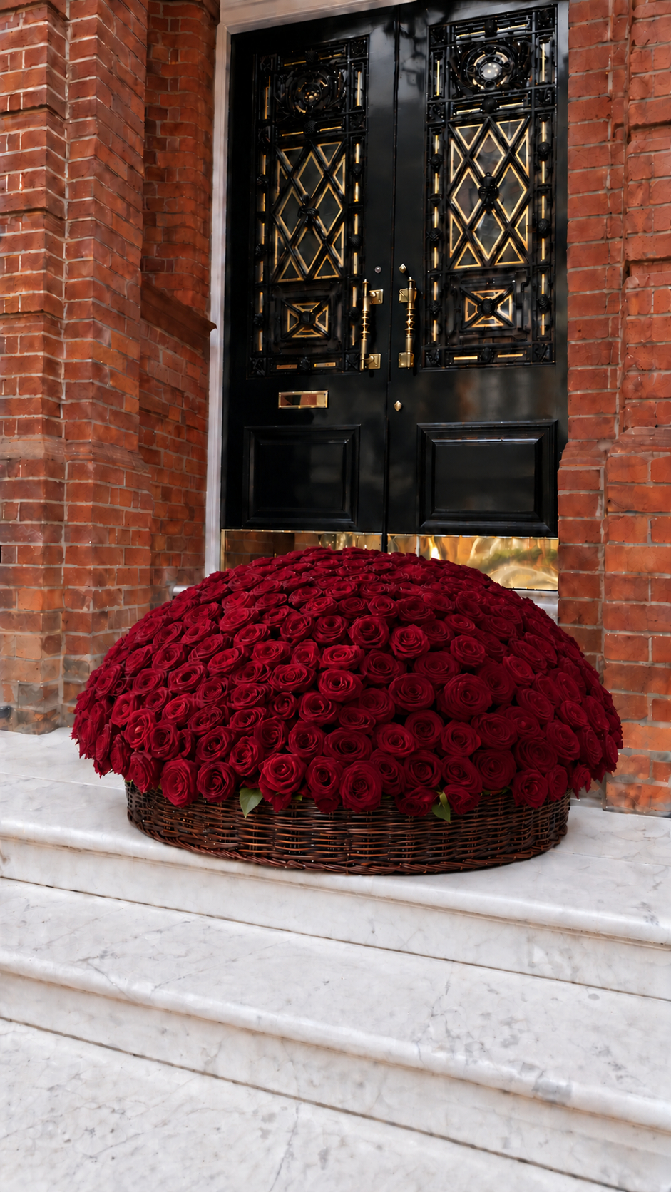 Red roses in a basket on a doorstep